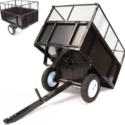Kippanhänger 300 kg für Rasentraktor, ATV &amp; Aufsitzmäher – kippbar, mit Gitteraufsatz, luftbereift
